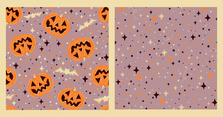 Halloween Pumpkins and Stars Seamless Patterns