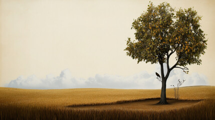 Golden hour field with elegant grain overlay solitary tree and bird perched on branch serene landscape soft light peaceful mood autumn colors open sky
