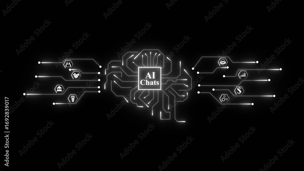 Aufkleber glowing ai brain circuit with business icons on black background ai artificial intelligence artifici