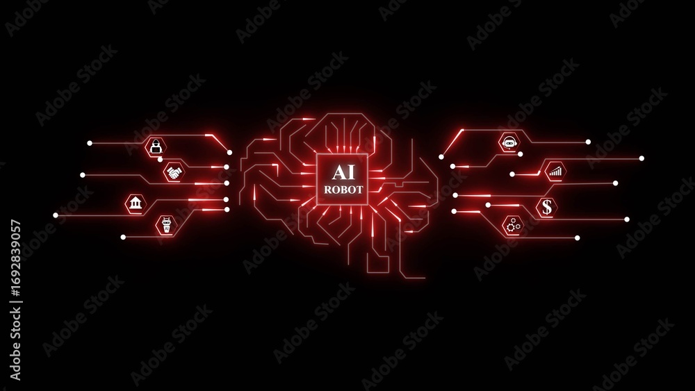 Poster red glowing ai brain circuit with business icons on black background artificial intelligence robot