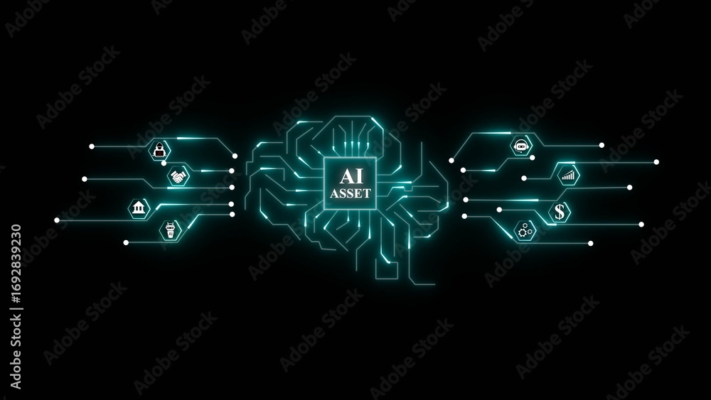 Poster glowing blue circuit board brain with ai asset text and business icons on black background artificia