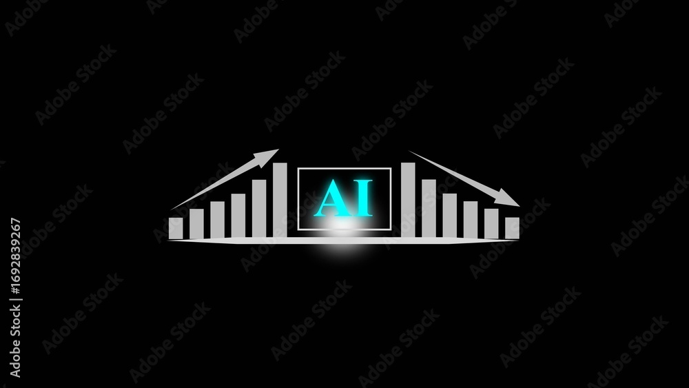 Poster glowing blue ai text centered within a white frame surrounded by bar graphs with upward and downward