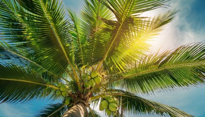 lush tropical coconut tree with green coconuts growing under bright sunshine and sky