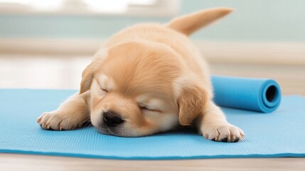Cute puppy resting peacefully on a yoga mat in a bright room