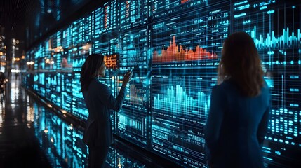 Two professionals analyzing complex financial data on a vast glowing digital screen in a futuristic business environment
