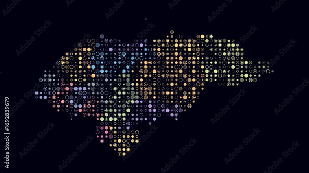 Poster honduras map animation. shape of the country with pulsating colored dots. small size circle blocks. 