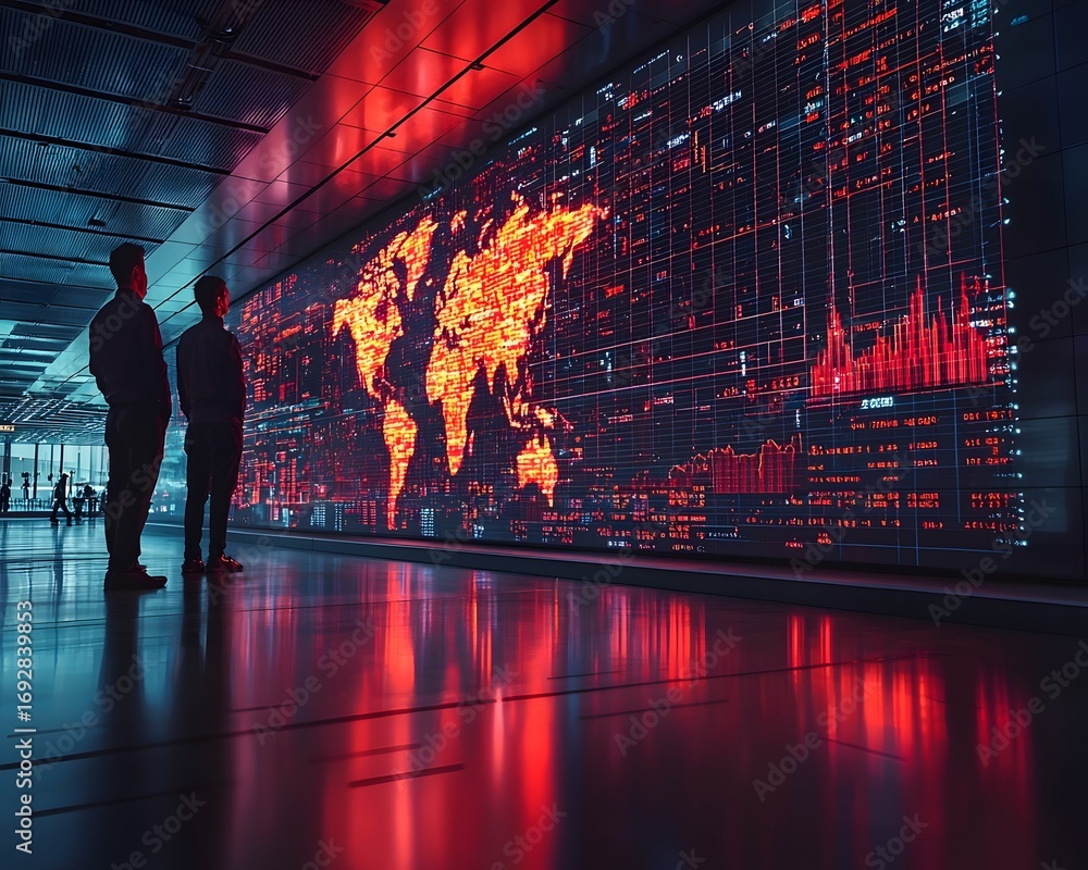 Poster two men observe a large digital screen displaying a world map and financial data with glowing red an