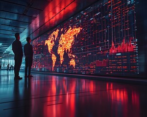 Two men observe a large digital screen displaying a world map and financial data with glowing red and orange visualizations