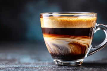 Close-up of a beautifully layered coffee drink in a glass cup against a blurred background