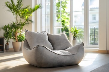 A fabric armchair with large cushions in light gray color in a calm atmosphere in a large room that enhances the beauty of the room, creating a pleasant atmosphere.
