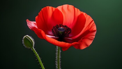 a single vibrant red poppy flower with delicate petals and a dark center standing on a slender green stem