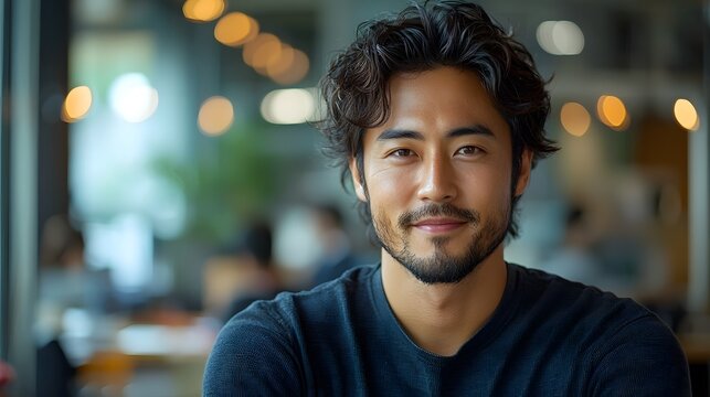 Confident man with beard smiling warmly in a modern blurred office background representing business and innovation