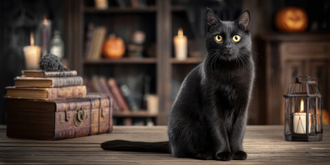 Creepy haunted halloween sale banner featuring antique style black cat in spooky setting