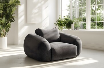 A fabric armchair with large cushions in light gray color in a calm atmosphere in a large room that enhances the beauty of the room, creating a pleasant atmosphere.