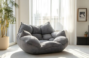A fabric armchair with large cushions in light gray color in a calm atmosphere in a large room that enhances the beauty of the room, creating a pleasant atmosphere.