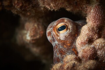 Close-up of a camouflaged octopus nestled among coral, showcasing its unique features in a vibrant underwater habitat