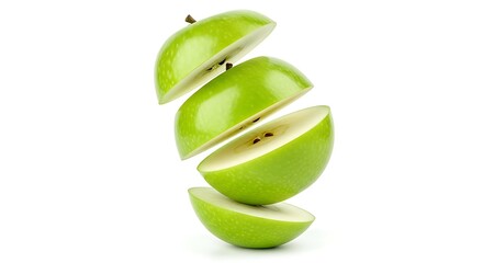 Fresh green apple sliced and stacked against white background