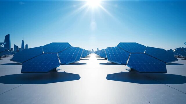 Lowangle sunlit view of parallel solar panel arrays on a grid with a distant city skyline under a clear blue sky