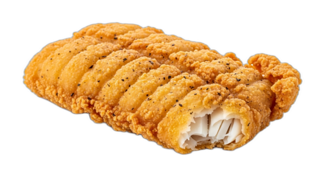 Close up of a fried fish fillet on black background