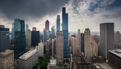 Obraz premium cityscape featuring multiple towering high rises emphasizing scale and modern design under a moody sky