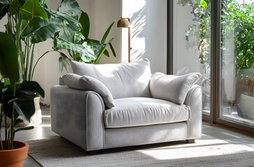 A fabric armchair with large cushions in light gray color in a calm atmosphere in a large room that enhances the beauty of the room, creating a pleasant atmosphere.