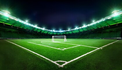 nighttime soccer field illuminated by green lights with white goalposts and empty spectator stands