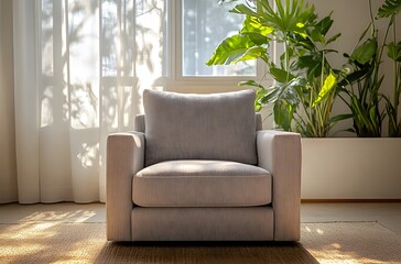 A fabric armchair with large cushions in light gray color in a calm atmosphere in a large room that enhances the beauty of the room, creating a pleasant atmosphere.