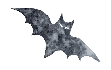 Isolated illustration of a bat on halloween black silhouette grainy textured watercolor with drips hand drawn