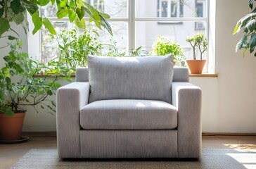 A fabric armchair with large cushions in light gray color in a calm atmosphere in a large room that enhances the beauty of the room, creating a pleasant atmosphere.