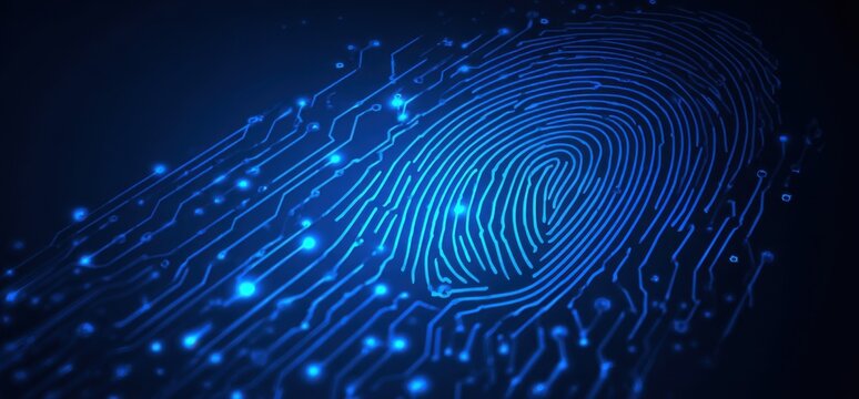 Abstract fingerprint overlayed with circuit board design.  Digital, futuristic