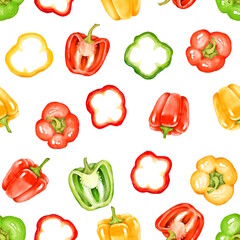 Hand-drawn illustration of a seamless pattern with red, yellow, and green bell peppers and slices