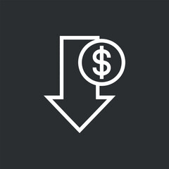 Dollar Symbol with Downward Arrow Icon Representing Financial Loss or Decrease on Dark Background