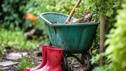 Gardening tools inside a dirty wheelbarrow and red muddy boots in a garden during a break
