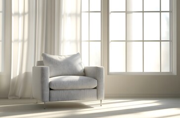 A fabric armchair with large cushions in light gray color in a calm atmosphere in a large room that enhances the beauty of the room, creating a pleasant atmosphere.