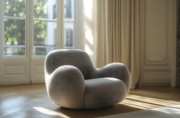 A fabric armchair with large cushions in light gray color in a calm atmosphere in a large room that enhances the beauty of the room, creating a pleasant atmosphere.