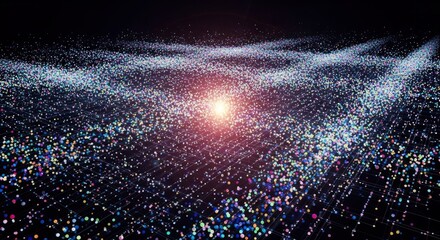 A vibrant abstract network of countless multicolored glowing particles and intersecting lines featuring a bright central light source against a dark background forming undulating patterns