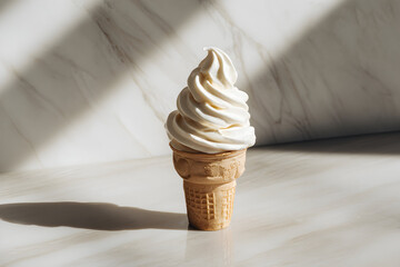 soft serve vanilla ice cream cone in natural light with marble background