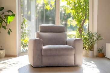 A fabric armchair with large cushions in light gray color in a calm atmosphere in a large room that enhances the beauty of the room, creating a pleasant atmosphere.
