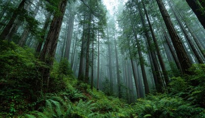 Lush, misty redwood forest