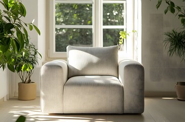 A fabric armchair with large cushions in light gray color in a calm atmosphere in a large room that enhances the beauty of the room, creating a pleasant atmosphere.