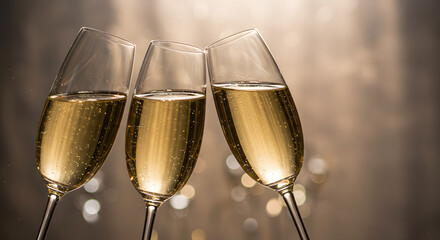 Champagne glasses clinking together for a celebratory new year toast at midnight