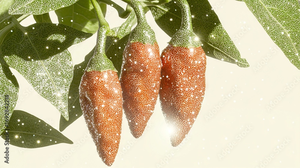 Aufkleber a cluster of carrots swaying from a tree against a backdrop of green foliage and snowflakes cascadin