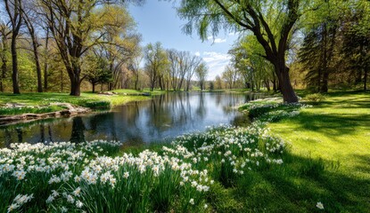 Serene spring landscape by a pond