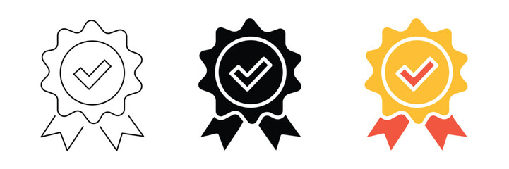 Approved check mark icon vector on white background.  badge, quality, ribbon, seal, success, certificate, guarantee, award, achievement, sign, symbol.