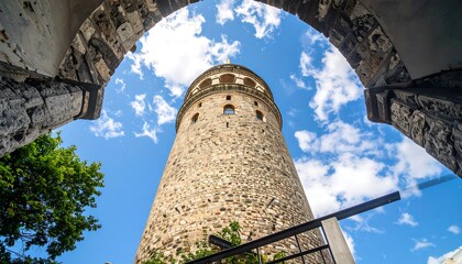 Ancient tower viewed through archway