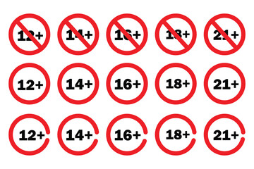 Age restriction icon set vector on white background. sign, limit, warning, prohibition, circle, red, number, plus, twelve, fourteen, sixteen, symbol. 