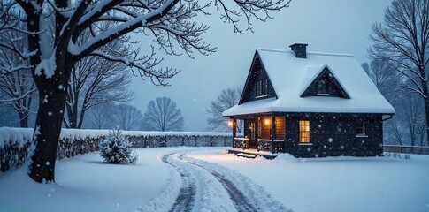 Dark grey slate rooftop under a heavy winter snowfall, icy branches overhead, serene winter landscape , atmospheric, serene, blizzard