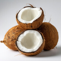 Stack of Fresh Coconuts, Cut in Half on White Background
