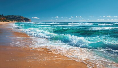 Wide sandy beach meets turquoise ocean waves under a clear blue sky