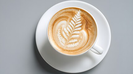 Cappuccino with latte art in the shape of a fern leaf